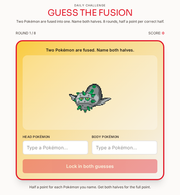 Guess the Fusion game on Pokédle showing a fused Pokémon sprite with head and body answer fields and a Lock in both guesses button
